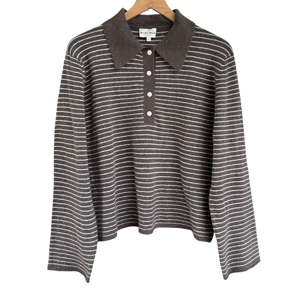 Miou Muse Brown Striped Knit Polo Sweater Long Sleeve Wool Blend Size Large